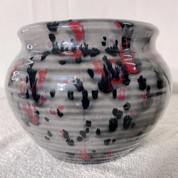 Vintage 1978 Ceramic  Pottery Grey Black Red Glaze Bowl Planter Vase - Picture 5 of 14